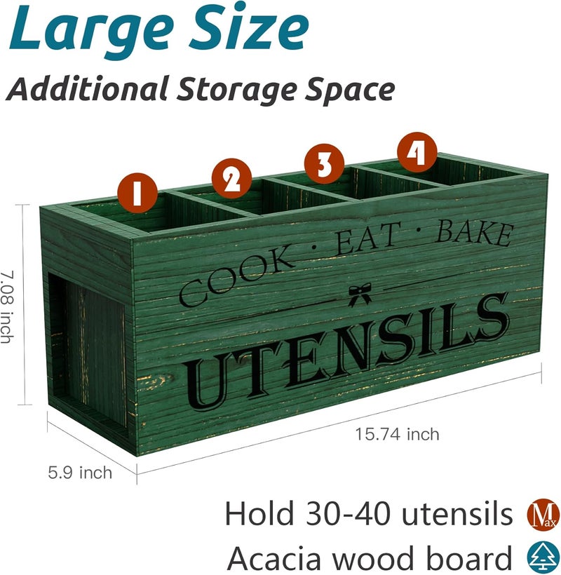 Suli Extra Large Kitchen Utensils Holder with 4 Compartments, Wooden Utensil Organizer for Kitchen Countertop, Farmhouse Decor, Rustic Cooking Utensil - Green grain - Image 2